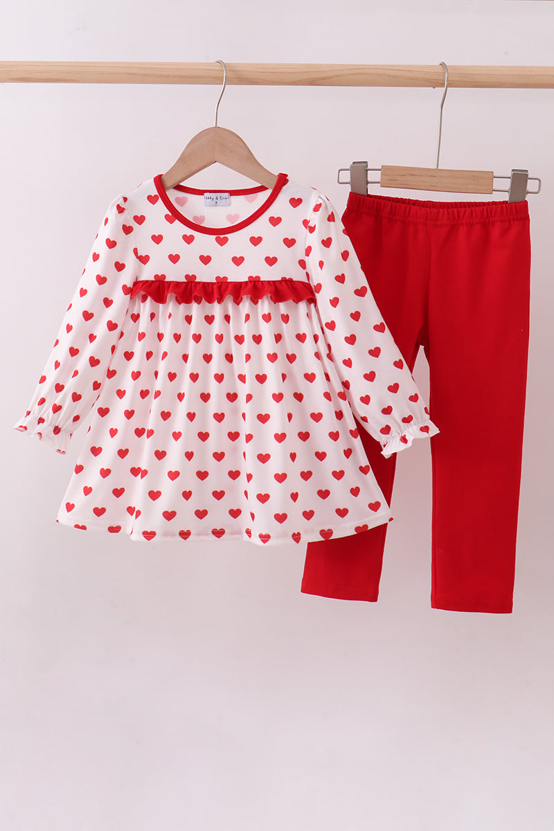 Red heart print ruffle pants set
