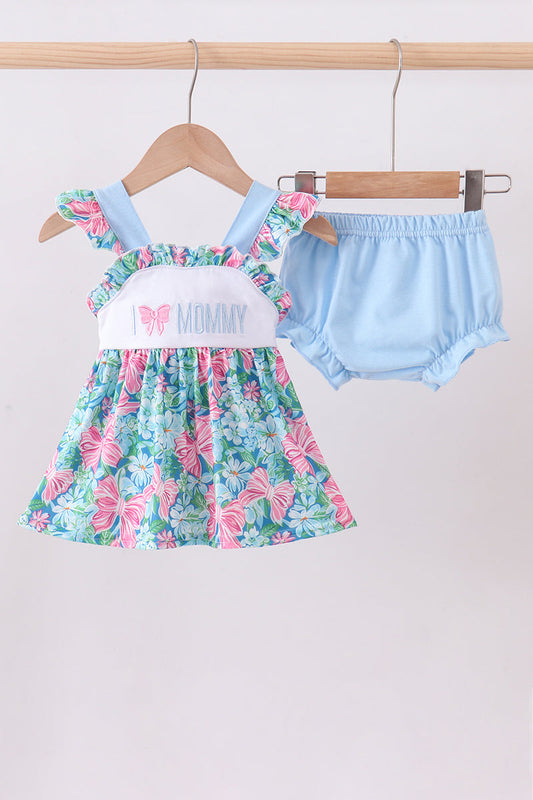 Blue I love MOMMY embroidery ruffle blooner set