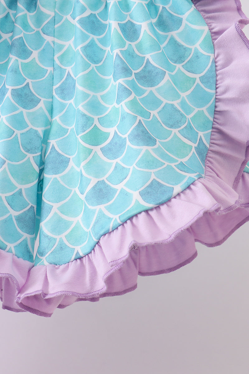 Purple mermaid embroidery ruffle shorts set