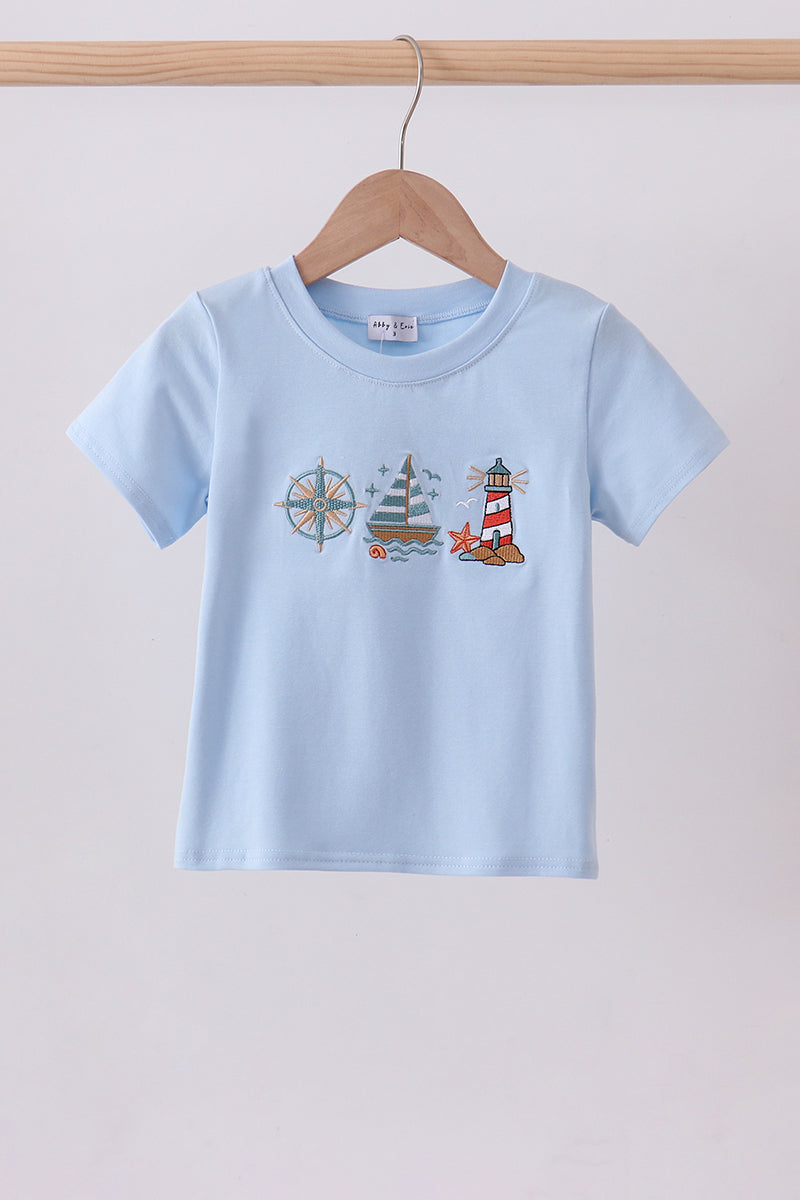Blue sailboat embroidery top