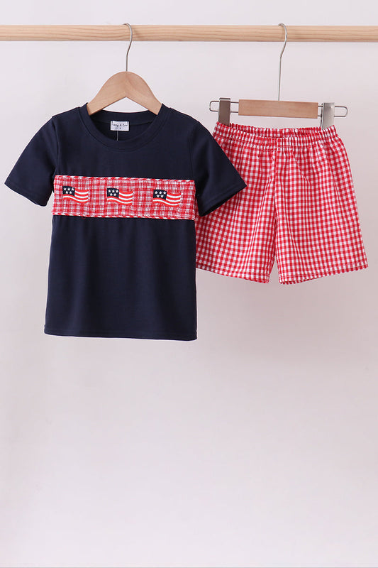 Red flag smocked gingham shorts set
