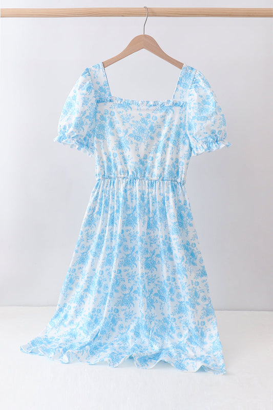 Blue rose print women dress