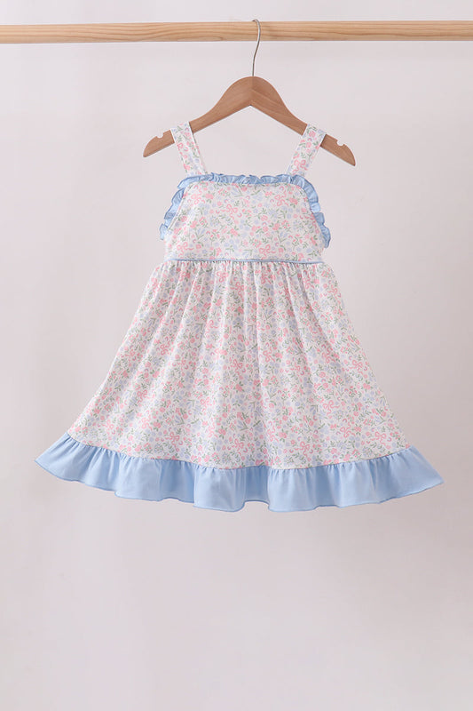 Blue Floral Print Ruffle Dress
