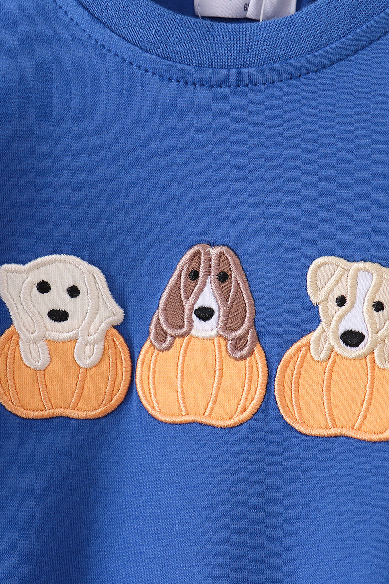 Royal blue puppy pumpkin embroidery romper