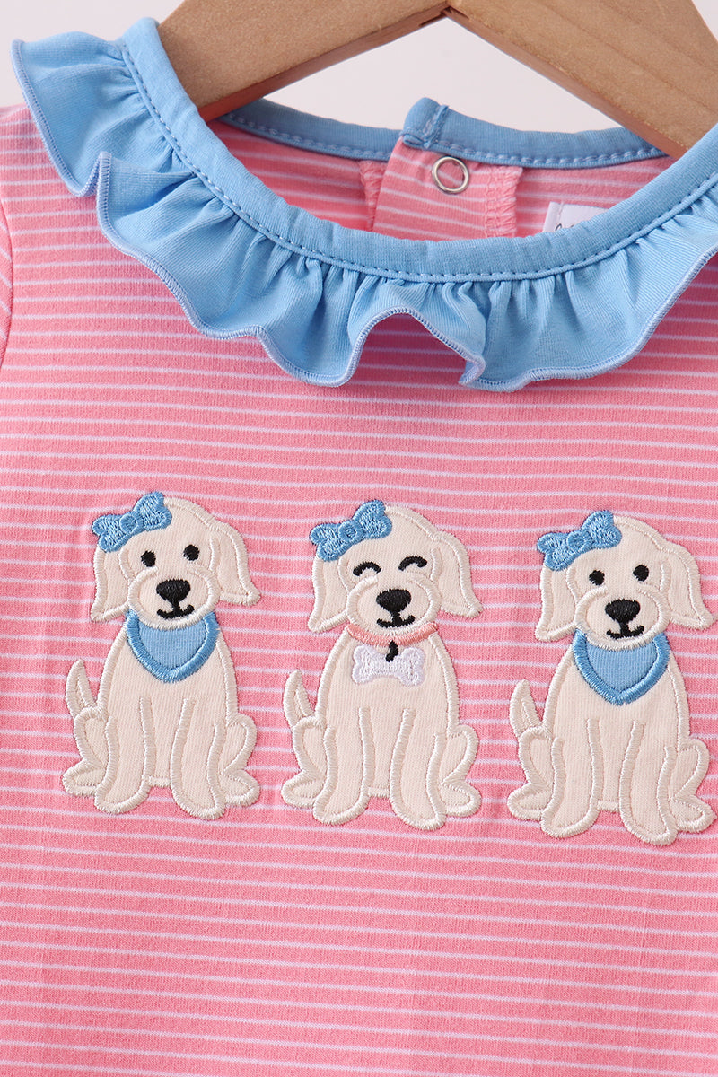 Pink puppy embroidery ruffle romper
