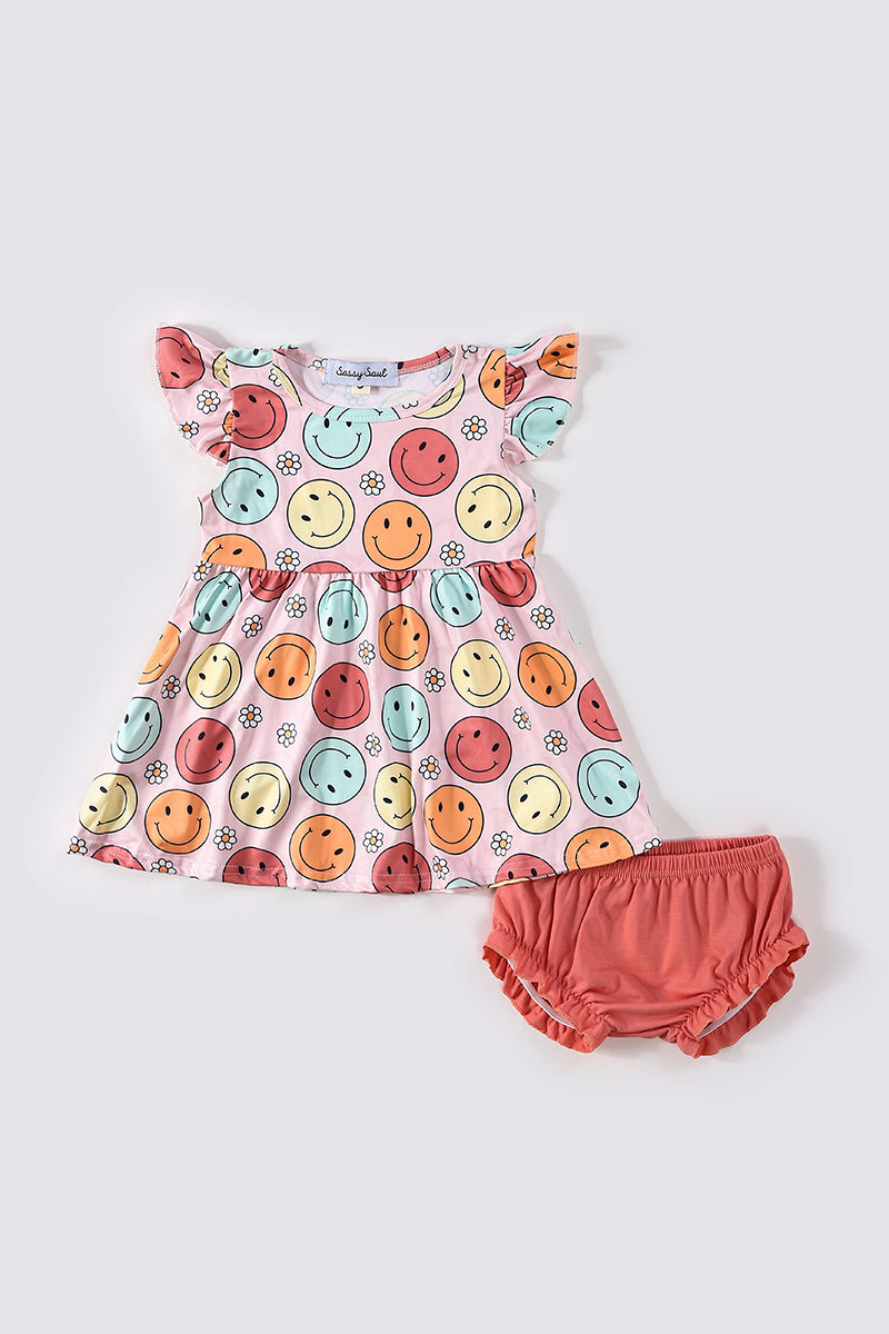 Pink smile print girl bloomer set