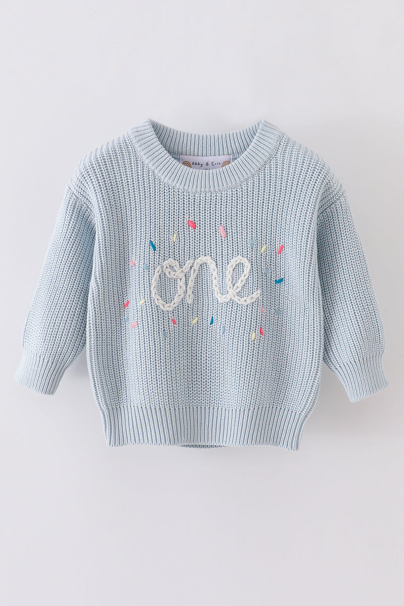 Blue hand-embroidery one&two pullover sweater