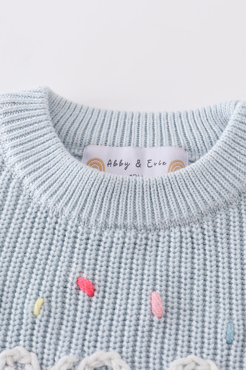 Blue hand-embroidery one&two pullover sweater