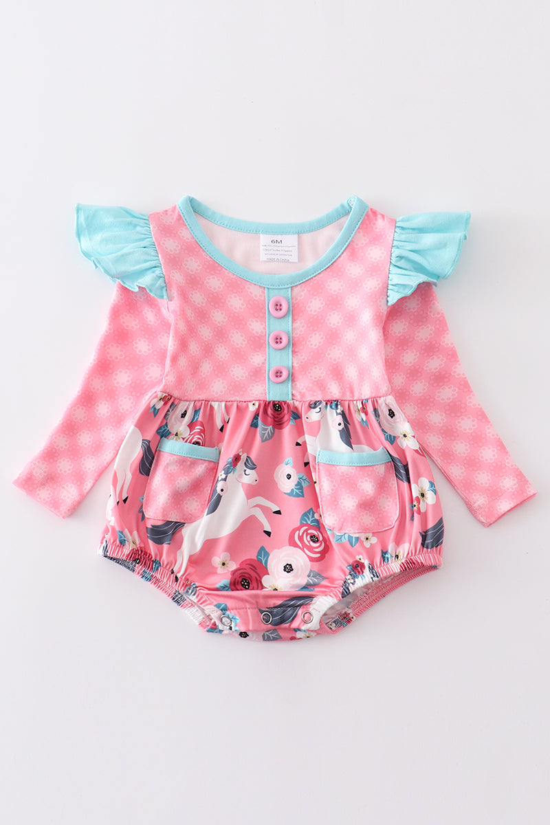 Pink plaid floral print ruffle baby romper