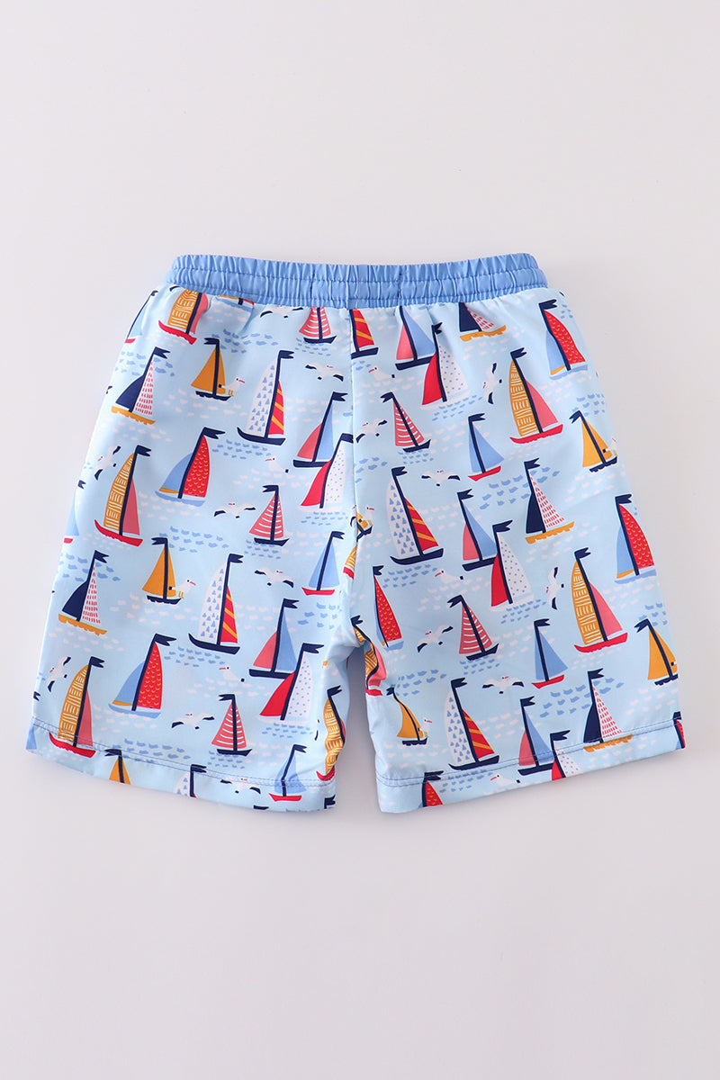 Blue sailboat print boy swim trunk