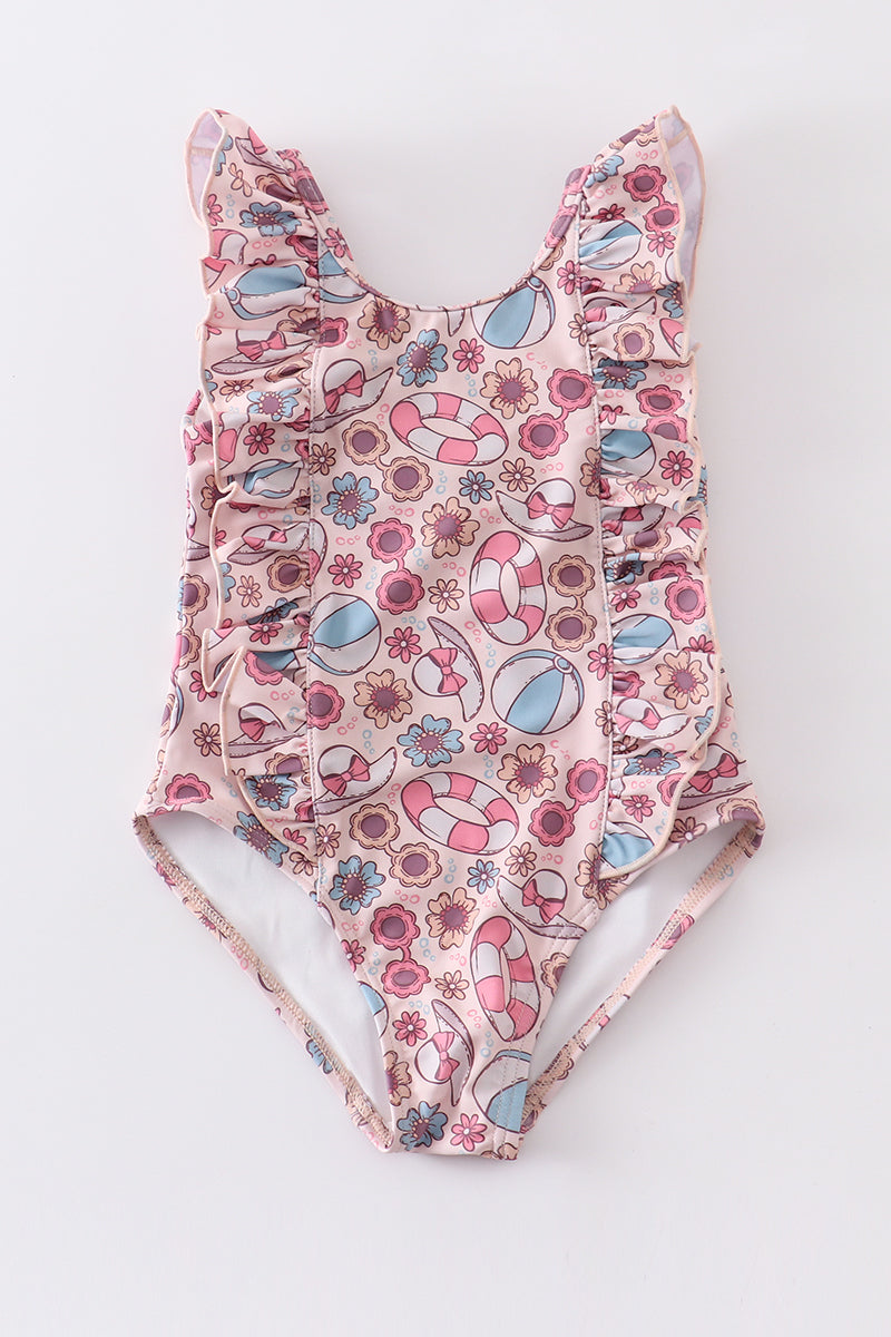 Pink beach fun print ruffle girl swimsuit UPF50+