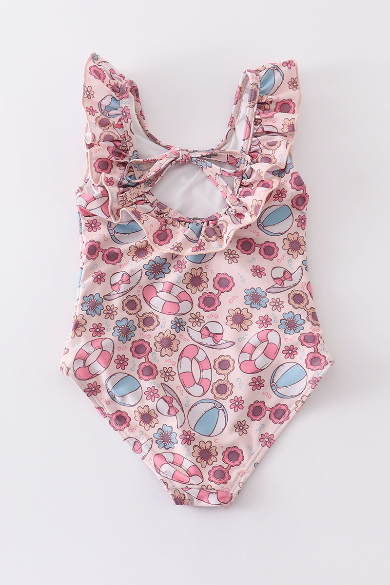 Pink beach fun print ruffle girl swimsuit UPF50+