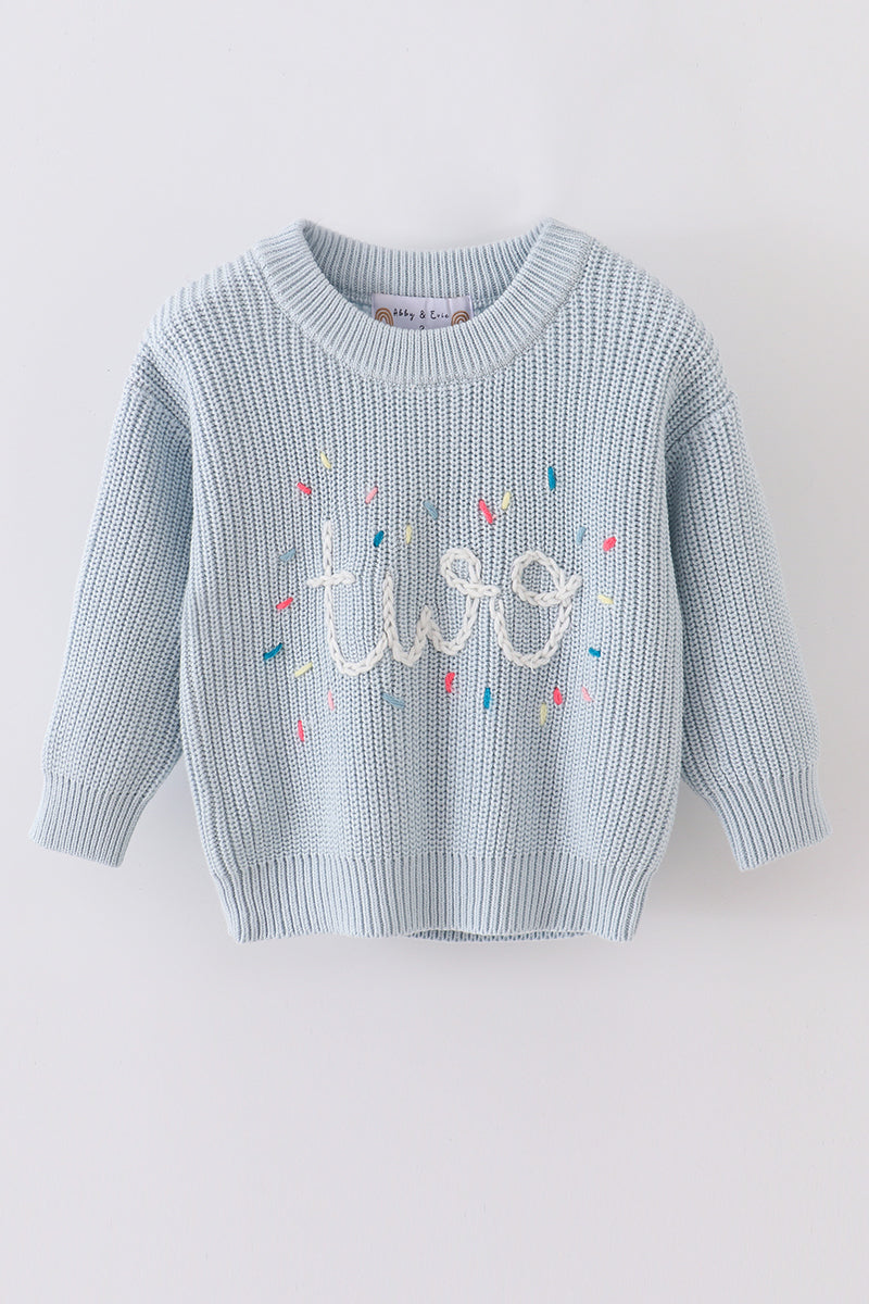 Blue hand-embroidery one&two pullover sweater