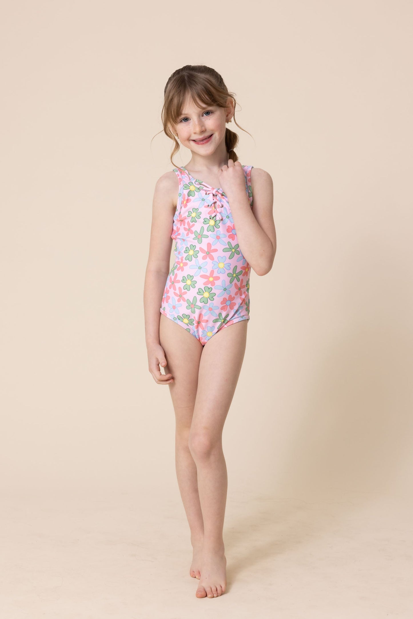 Floral print tie one piece girl swimsuit